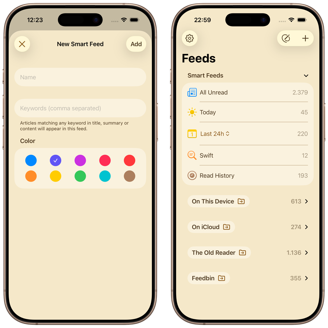 Creating a Custom Smart Feed in Newsairy, shown in the Feeds list