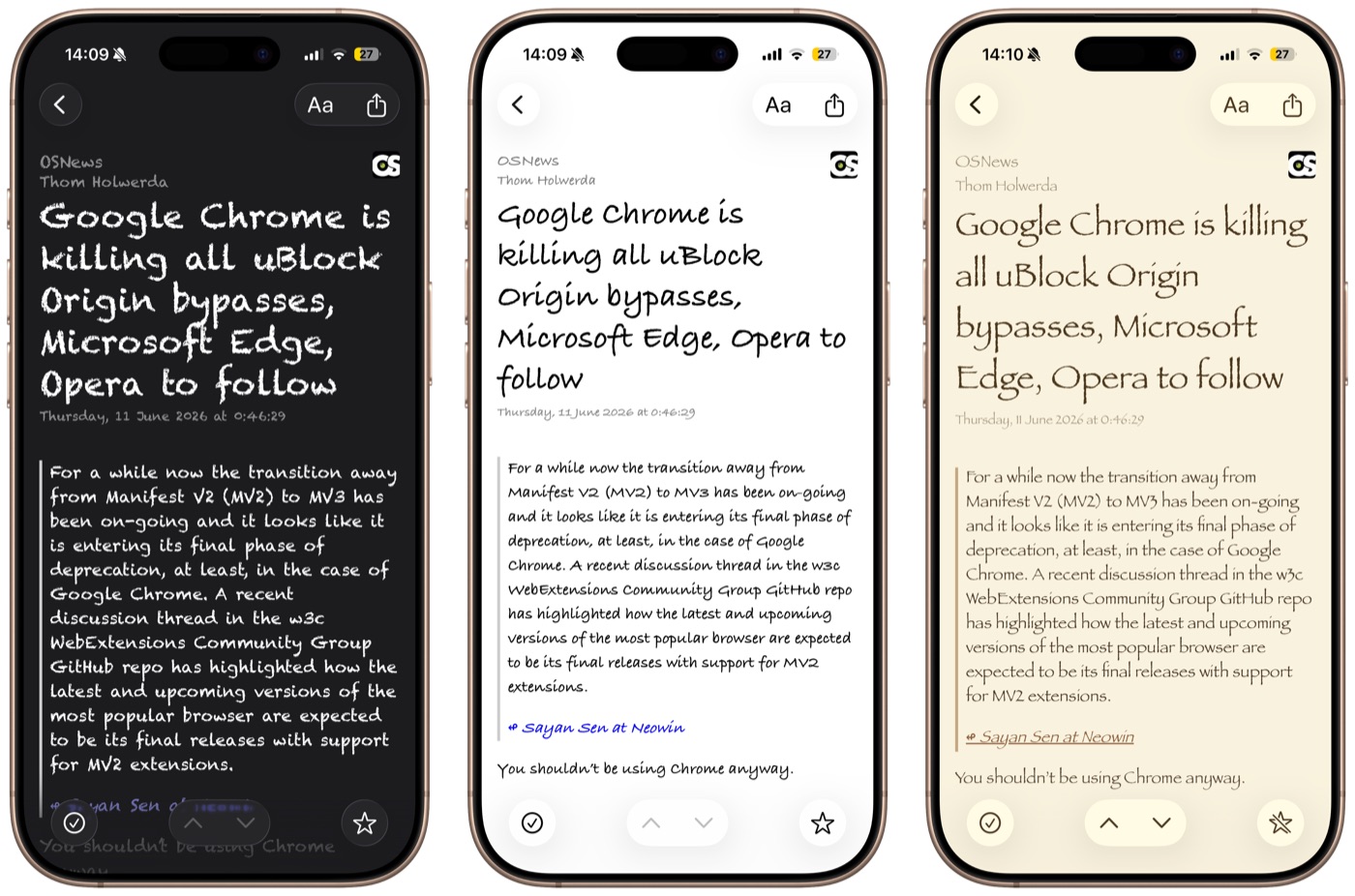 The same article shown with three different fonts in Newsairy's dark, light, and sepia themes