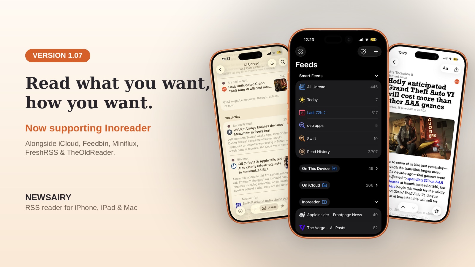 Newsairy 1.07 — the Feeds list with an Inoreader account connected alongside Smart Feeds, shown next to the article list and reader views on iPhone