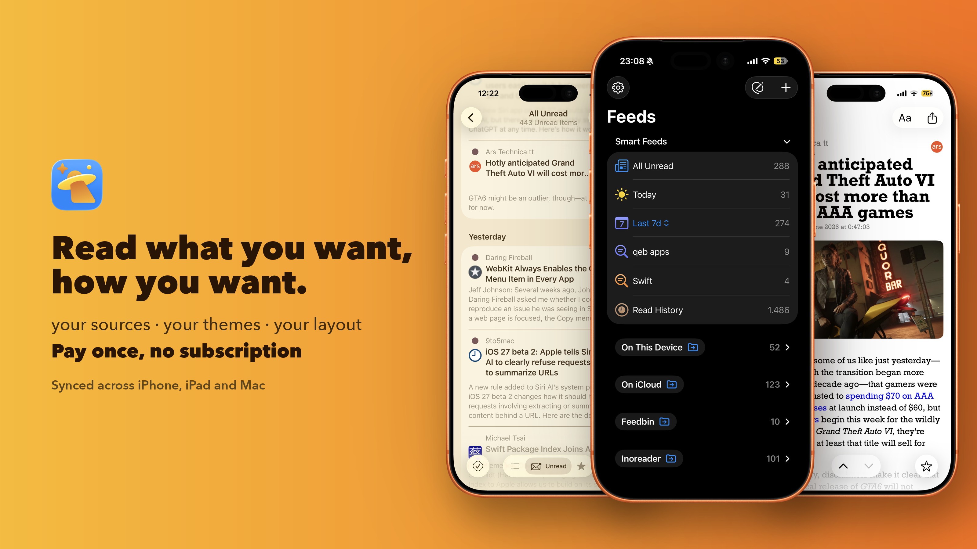Newsairy — Read what you want, how you want. Your sources, your themes, your layout. Pay once, no subscription, synced across iPhone, iPad and Mac.